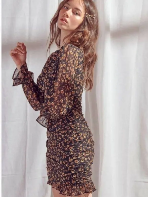Storia Black Floral Long-Sleeve Ruffle Dress large - Image 3