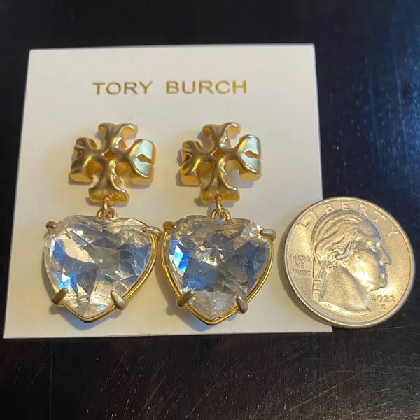 Tory Burch Kira Crystal faceted heart drops hanging from TB logo studs - Image 10