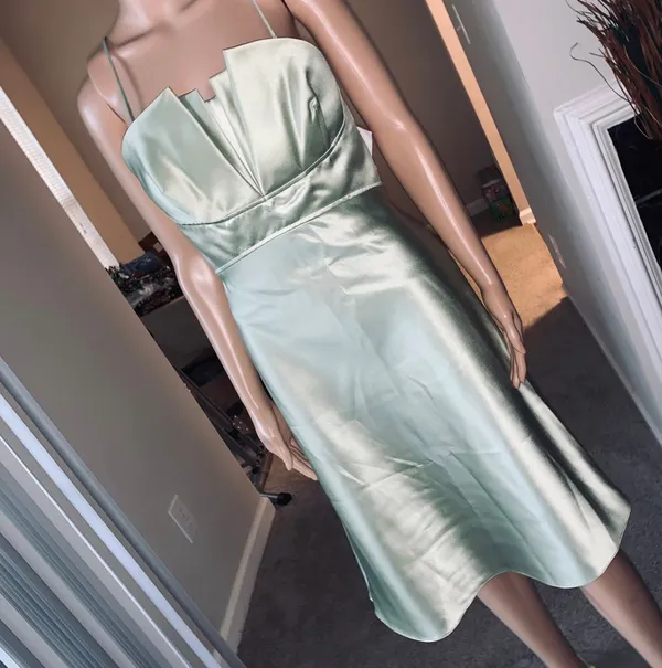 Watters & watters design Spaghetti Strap Pleated A-Line Midi Satin mint green - Image 2