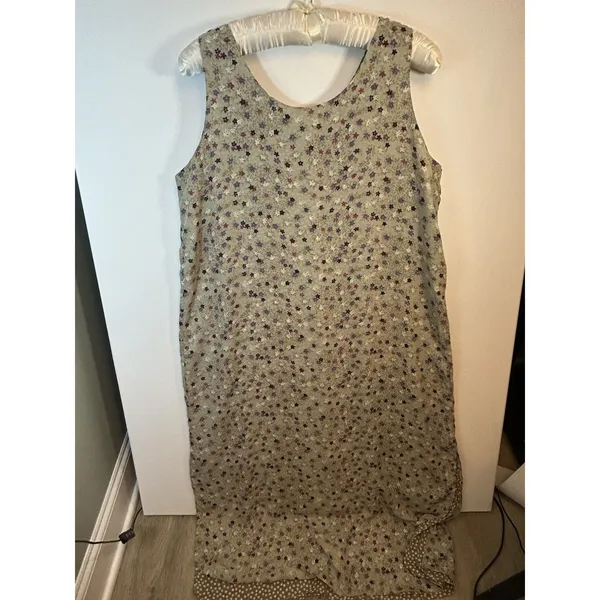 Reversible Maxi Dress L XL Floral Polka Dots Sleeveless Side Slits Tan Gray Mult - Image 10
