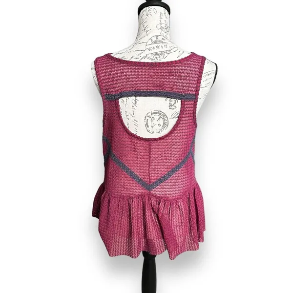 Free People Mesh Knit Peplum Tank Top Pink Purple Geometric Open Back Shirt ~Med - Image 2