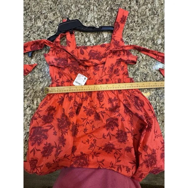 Free People Meet Me In Maui Red Printed Dress Size Medium Pinafore Bow - Image 10