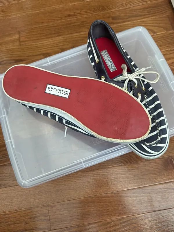 Sperry Black & White Striped Canvas Boat Shoes with Red Insole - Image 3