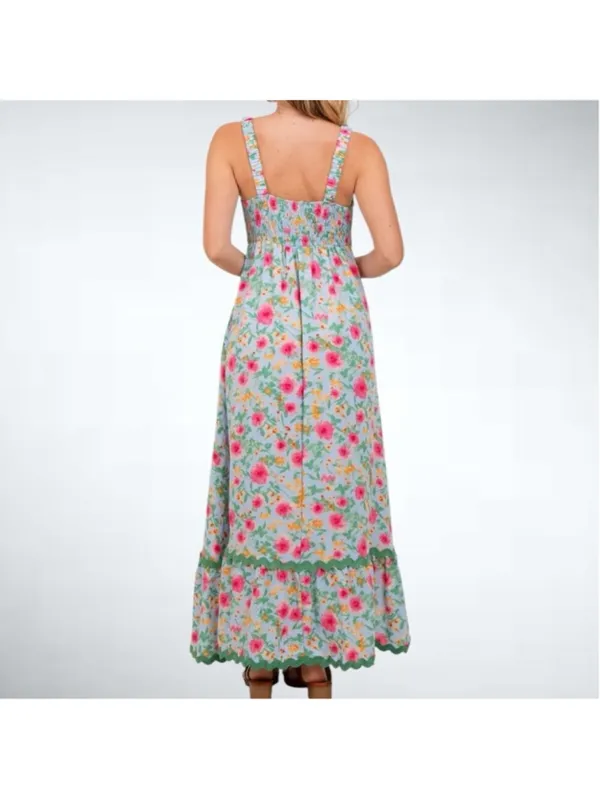 Size S Easel Los Angeles Blue Floral Contrast Wavy Trim Maxi Dress - Image 2