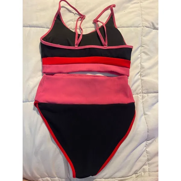 Stylish Two-Piece‎ Swimsuit Set Black Pink Red Contrast Trim Bathing Suit A-318 - Image 2