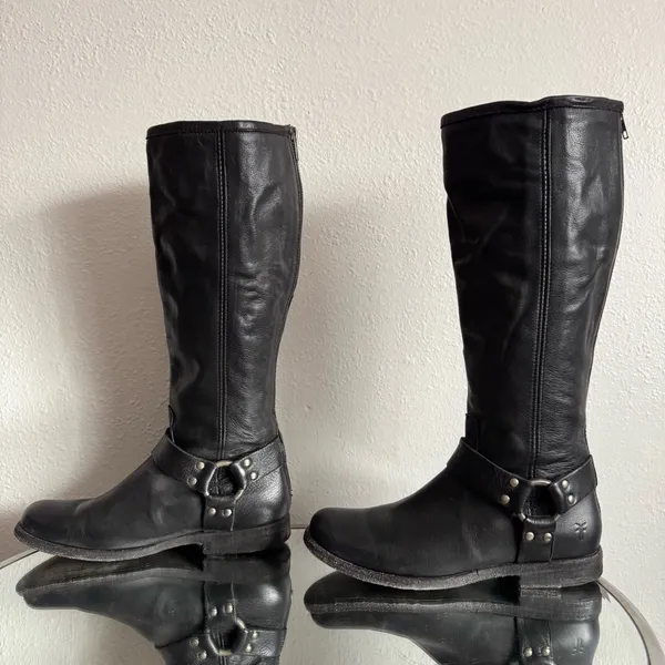 FRYE Black Leather Phillip Harness Tall Knee High Preppy Moto Riding Boots - Image 11