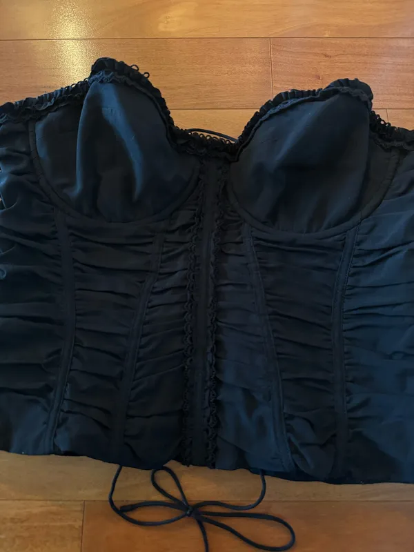 BNWT Oh Polly Black Melvina Ruched Lace-Up Strapless Corset Top & Matiya Bubble Hem Mini Skirt Set - Image 7