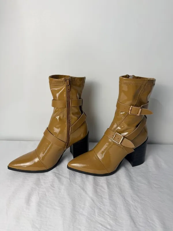 Bamboo Patent Leather Ankle Boots Women’s 7.5 Block Heel Buckle Strap Tan Brown - Image 9
