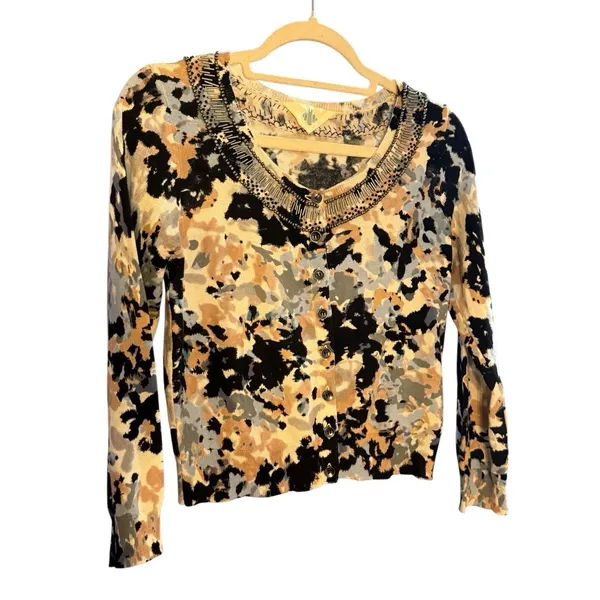 Anthropologie HWR‎ Monogram Beaded Collar Crop Cardigan Sweater Abstract Pattern - Image 3