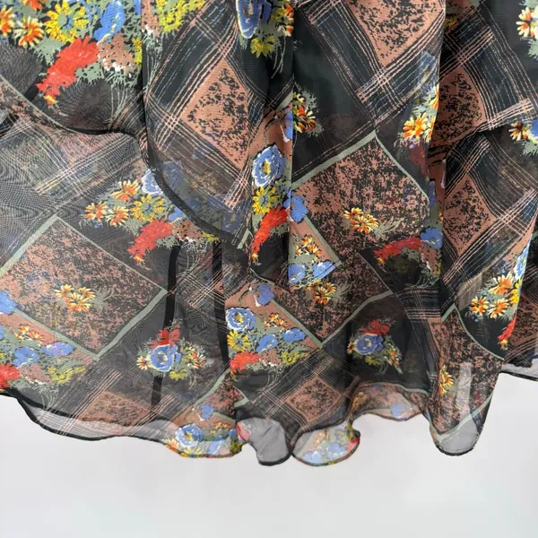 Free People Dress SZ 6 Daisy Chain Floral Plaid Chiffon Tiered Ruffle Sheer Boho - Image 14