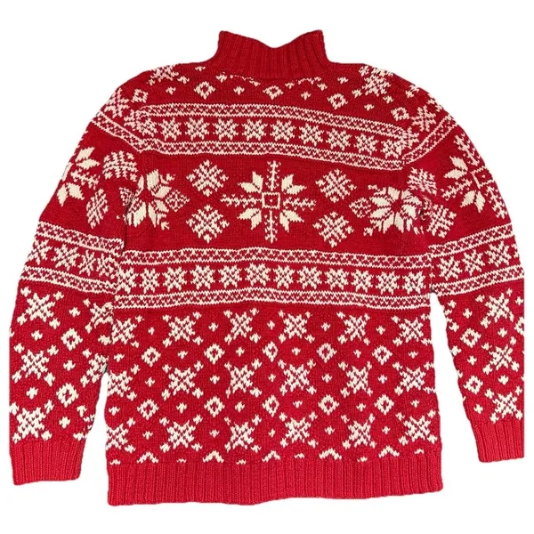 Vtg‎ Ralph Lauren Hand Knit Button Neck Sweater Red Nordic Snowflake P M - Image 3