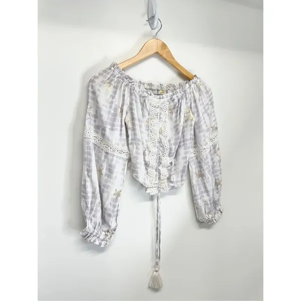 SURF GYPSY Metallic Star Print Crochet‎ Ruched Off Shoulder Crop Top Size Small - Image 2
