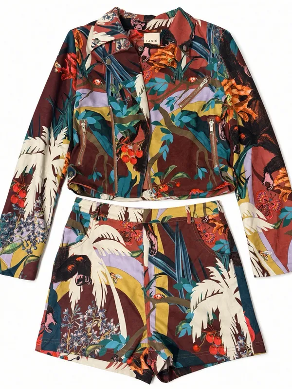 RIVIR Cropped Moto Jacket Size S NWT Tropical Jungle Print Zip - Image 11