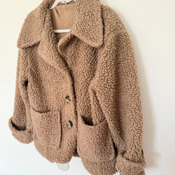 Free People Brown Sherpa Button Front Peacoat Cozy Textured Jacket Women Sz S - Image 7