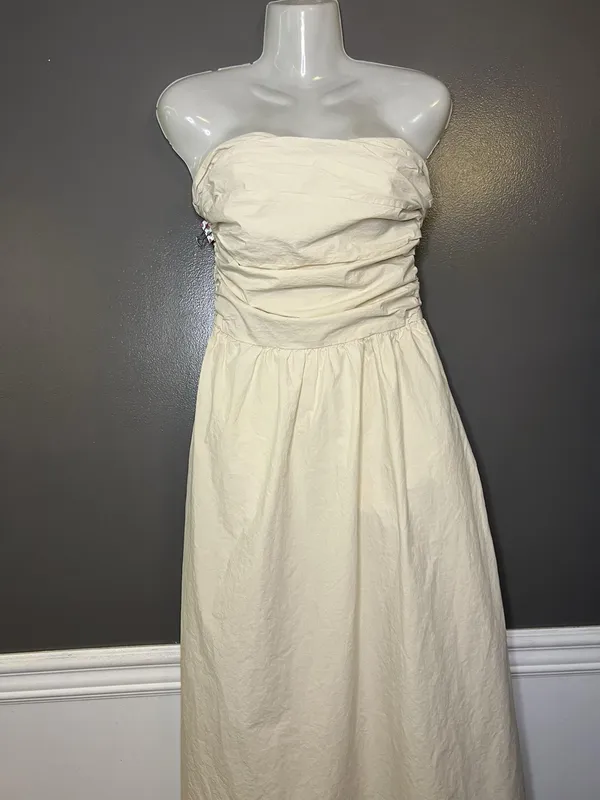 YFB Dress Womens Medium White Strapless Ruched Cotton Maxi Sundress Boho Summer - Image 2