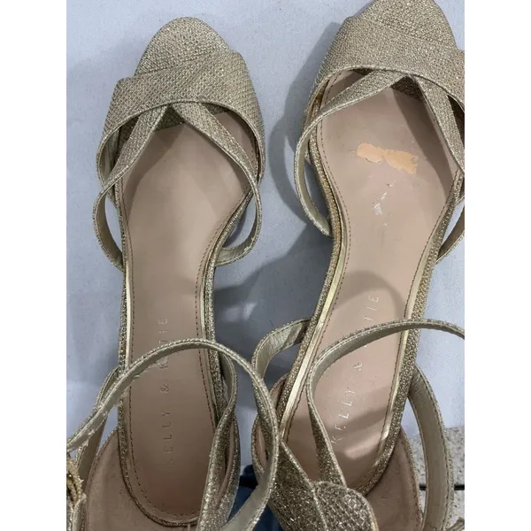 Womans Kelly & Katie Valdena 8.5 Gold Sparkly Open Toe Ankle Buckle Heel Sandal - Image 6