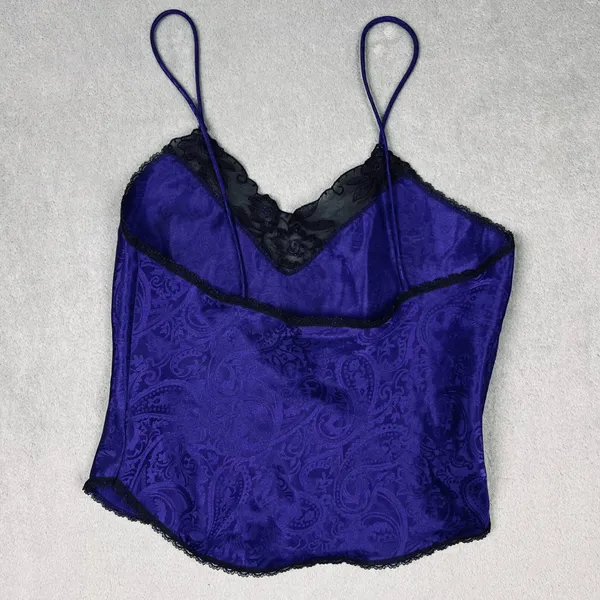 Sleep Solutions Purple Paisley Jacquard Lace Trim Camisole Top Women Small VTG - Image 2
