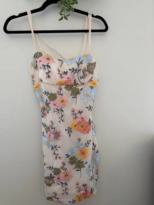 Floral Print Double Strap Mini Bodycon Homecoming Dress Cream / Off-White - Image 3