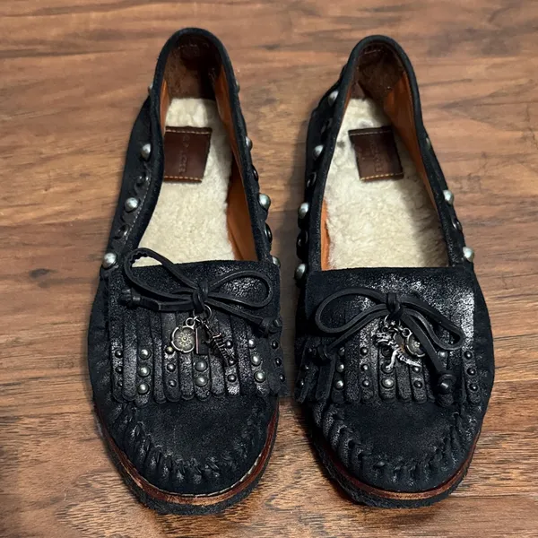 Coach Black Metallic Suede Fringe Roccasin Slip On Moccasin‎ Y2K Charms - Image 2