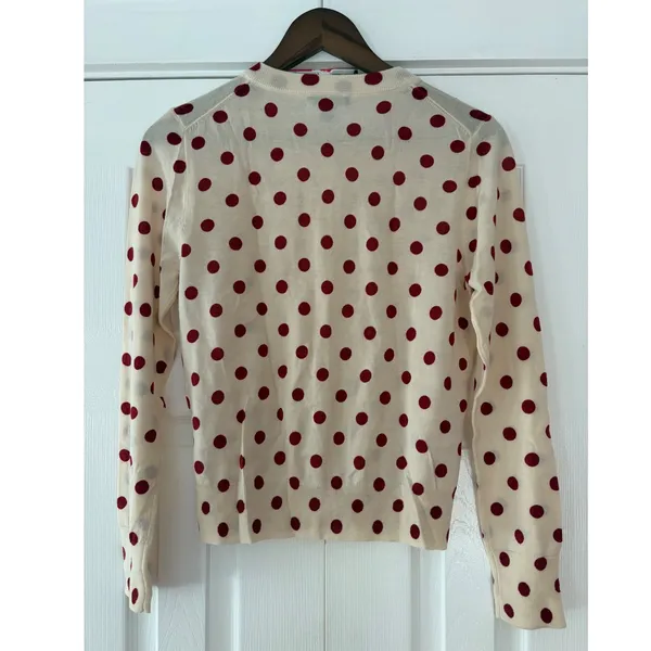 J.Crew Tippi Cardigan Sweater ‎ Medium Merino Wool Polka Dot Sequin Cream Red - Image 4