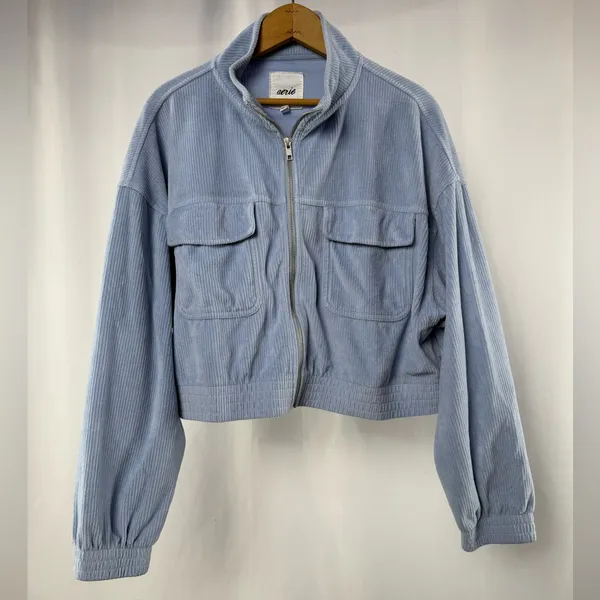 Aerie‎ Groove On Cropped Corduroy Utility Jacket in Powder Blue Size XL - Image 2