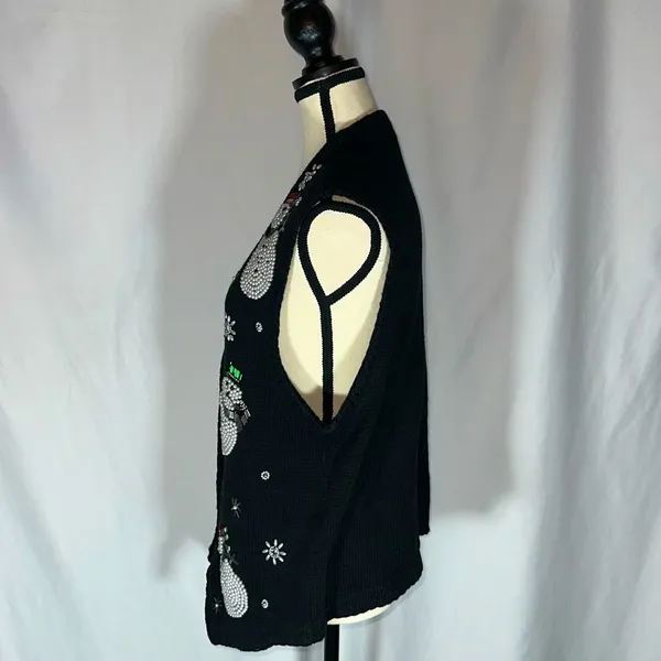 VICTORIA JONES • Vtg Christmas Vest Sweater Beaded Snowman Ugly Sweater Black Lg - Image 3