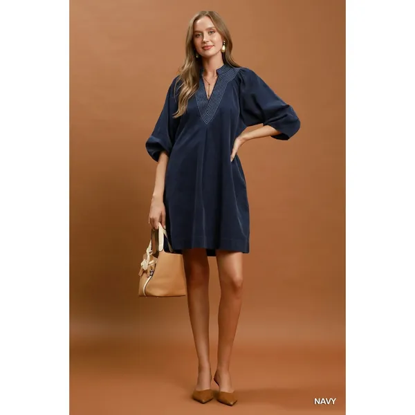 Umgee Corduroy V-Neck Puff Sleeve Shift Dress with Pockets - Navy - Medium - Image 4