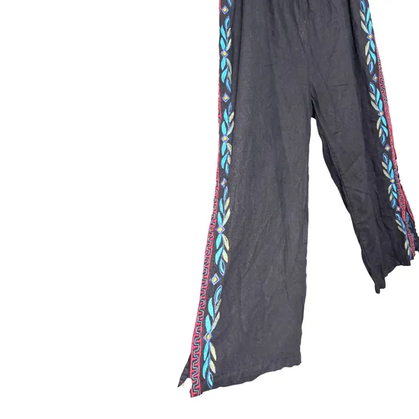 Johnny Was JW Los Angeles Pull On Black Embroidered Wide Leg Linen Pants Size 2X - Image 5
