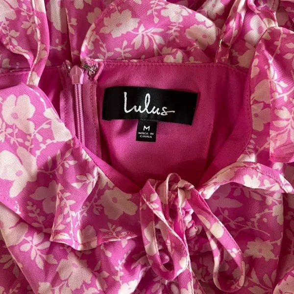 Lulus Pink Floral Ruffle Mini Dress Sleeveless Tie Front Chiffon Size M NEW - Image 6