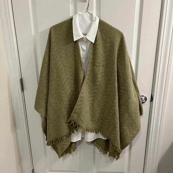 Neutral Knit Shawl/ Cape in Herringbone Pattern with Sage and Tan - Image 5