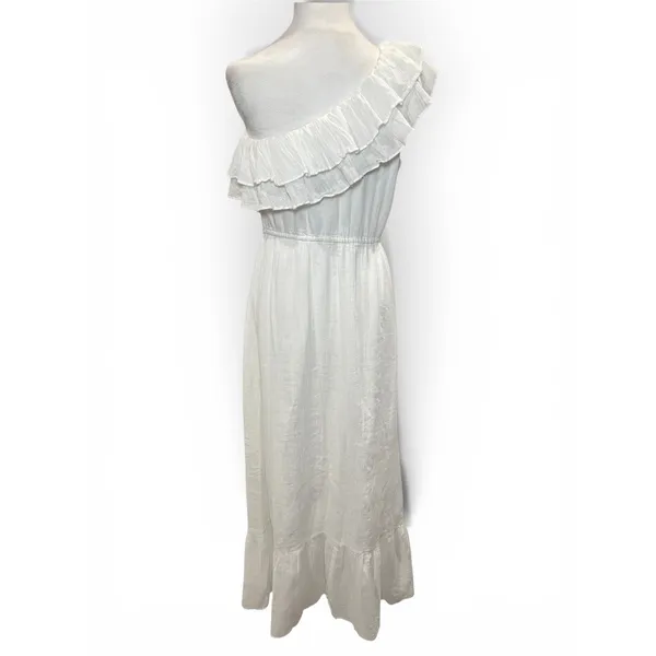 Boston Proper White One Shoulder Ruffle Midi Dress 12‎ Cotton Tiered - Image 2