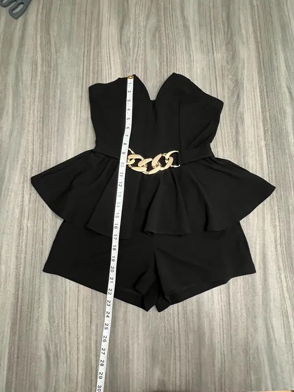 Strapless Black Peplum Romper with Gold Chain Detail - Image 7