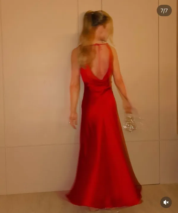 Zara Elegant Red Satin Long Dress Evening Party Gown - Image 2