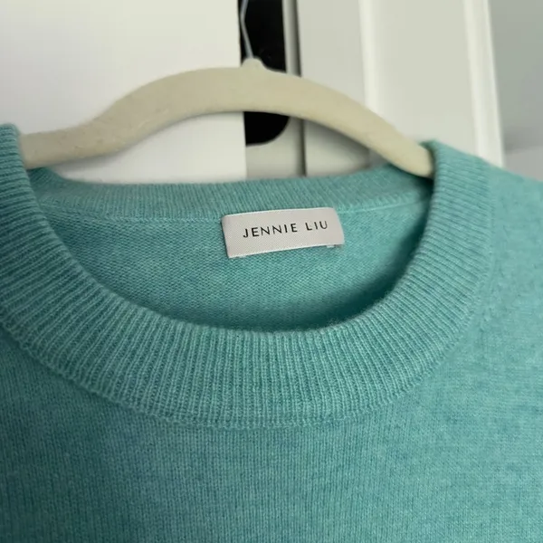 JENNIE‎ LIU Pure Cashmere Long Sleeve Crew Neck Pullover Sweater Aqua Teal - Image 3