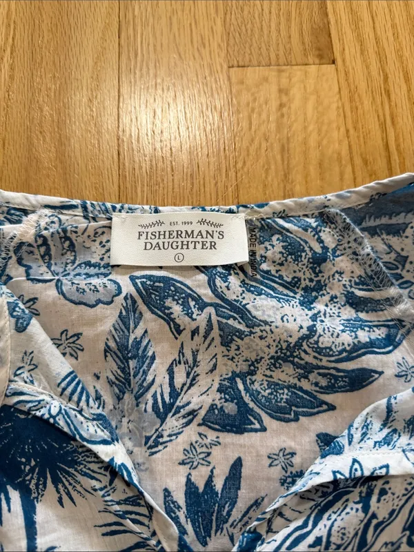 Fisherman's Daughter Blue Palm Cotton Cropped Blouse Sz L - Image 2