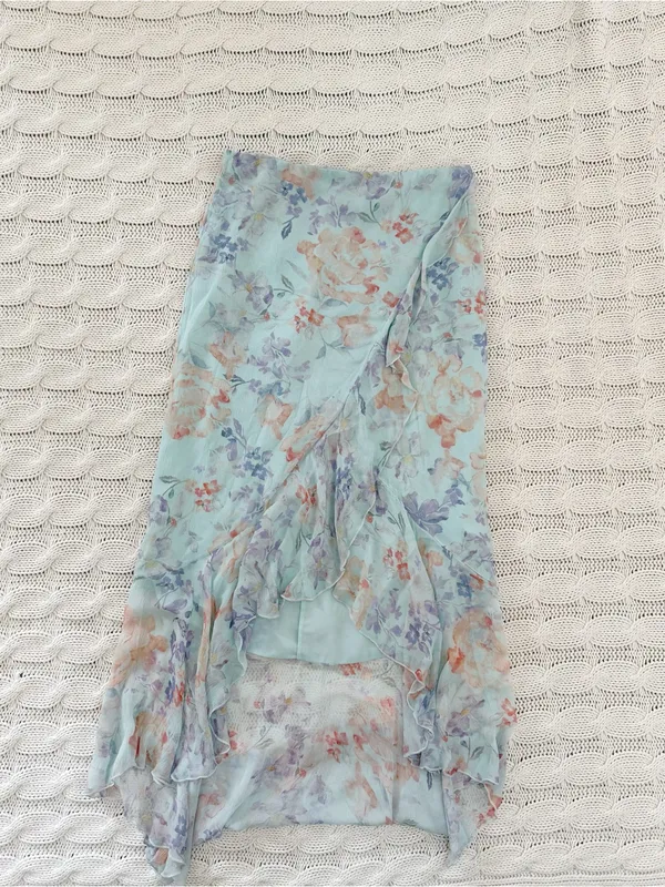 Alice + Olivia Pastel Sage Floral High-Low Ruffle Skirt - Image 2
