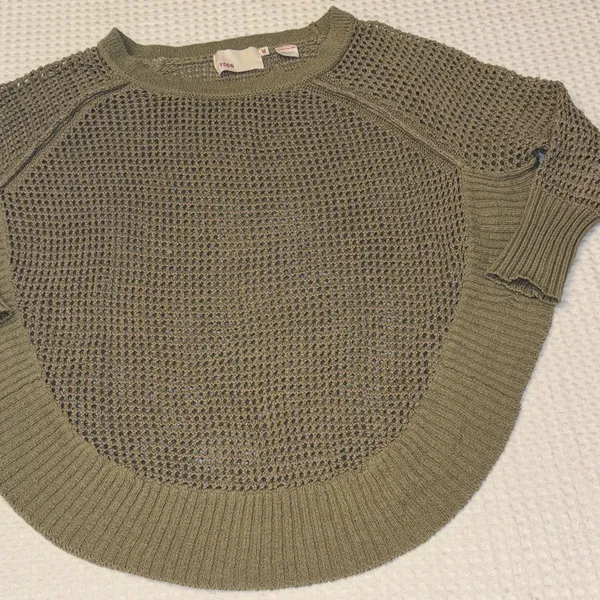 Anthropologie YOON Olive Green Open-Weave Crewneck Raglan Sleeve Poncho Sweater - Image 15