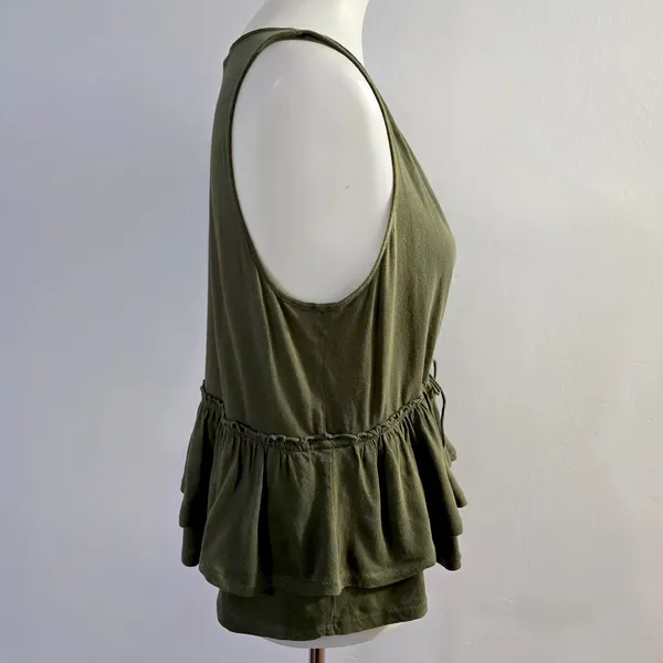 J.Crew Peplum Wrap Top Large Olive Green Cotton Tiered Ruffle Sleeveless V-Neck - Image 4