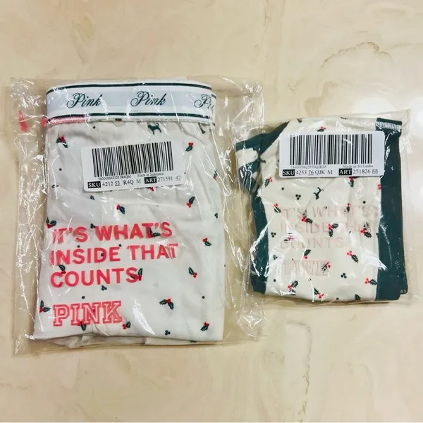 VS PINK Cotton Dorm Unlined Bralette & Flannel Pajama Shorts Cream Holly Print M - Image 13