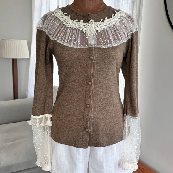 Vintage Y2K Delicate Lace Knit Sweater Sheer Neckline Sleeves Cottage Size Small - Image 3