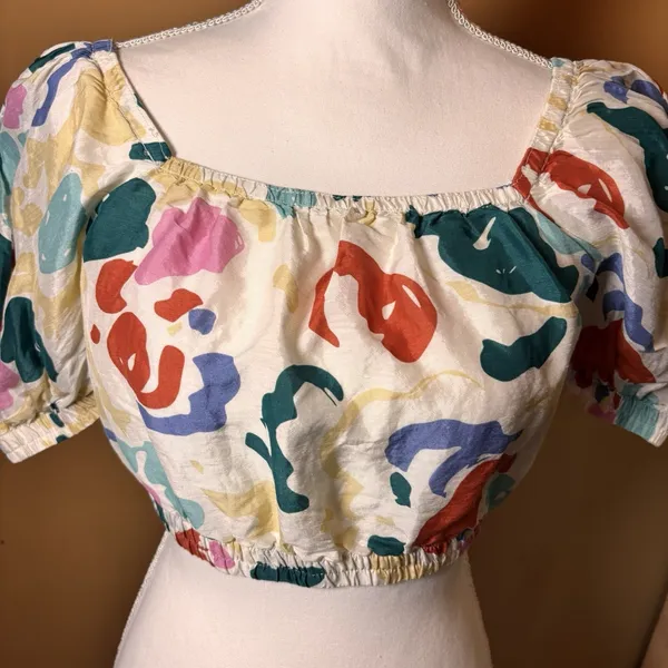 & Other‎ Stories Cropped Top Small Multicolor Abstract Puff Sleeve Elastic Hem - Image 3