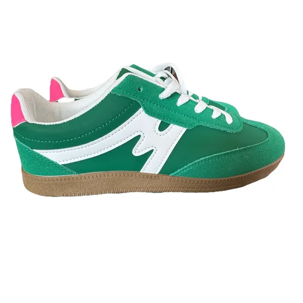 NWOT Retro Green & White Lace Up Low Top Sneakers Pink Accent Gum Sole 41/10 - Image 3