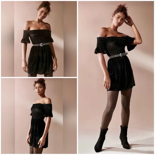 Urban Outfitters Clara Off-The-Shoulder Smocked Velvet Dress in Black - Image 3