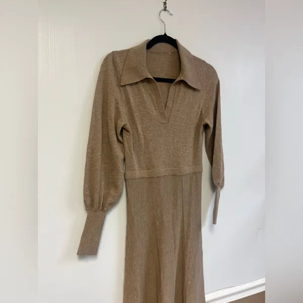 NICHOLAS Jade Midi Wool & Cotton Collared V Neck Long sleeve dress Oat Size‎ XS - Image 4
