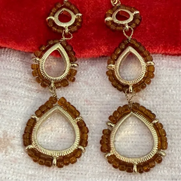 Gold Tone Amber Color Seed Beads 3 Tiered Dangle Earrings Artsy Boho Festival - Image 9