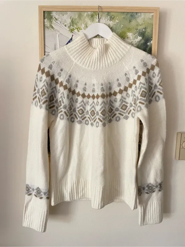 KUHL Alpina Sweater White Fair Isle Mock Neck Womens Medium - Image 4