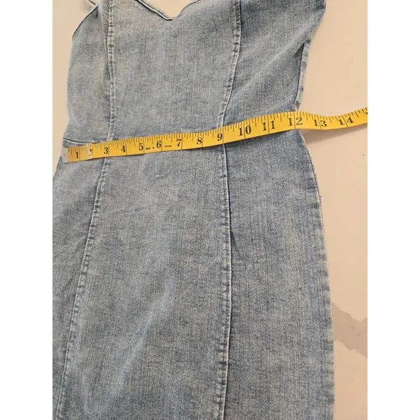 Iris Acid Wash Denim Mini Dress Spaghetti Strap V Neck Zip Back Women Size M Y2K - Image 9