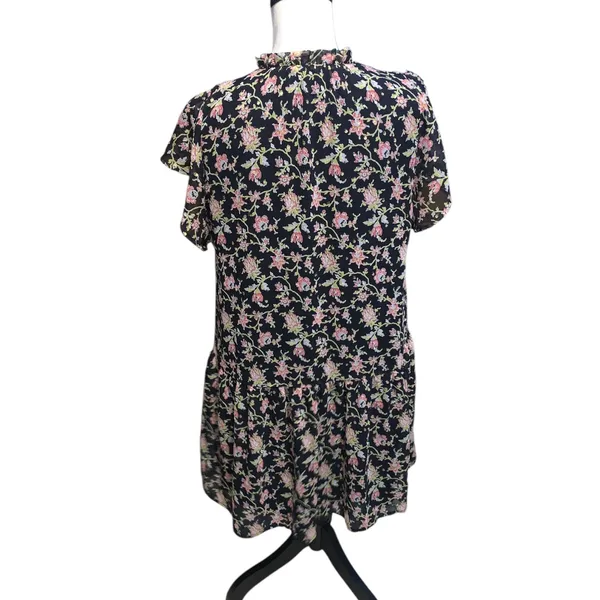 LOFT Dress Black Floral Drop Waist Ruffle Neck Gold Embroidered Polka Dot - Image 6