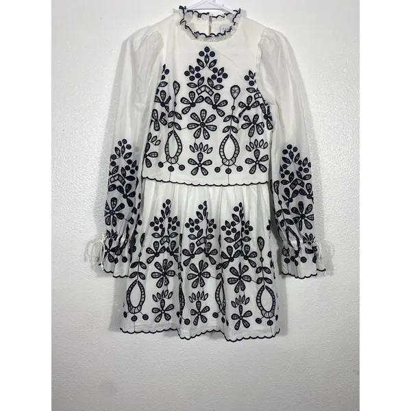 SAYLOR Ivory Mini Dress with Black Floral Embroidery Size XS 100% Cotton - Image 3