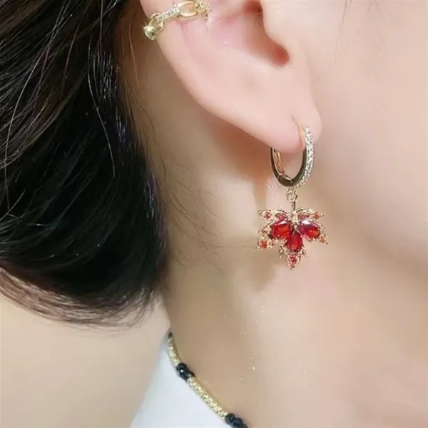 18K Gold Plated Crystal Maple Leaf Dangle Drop Earrings for Women - Image 4